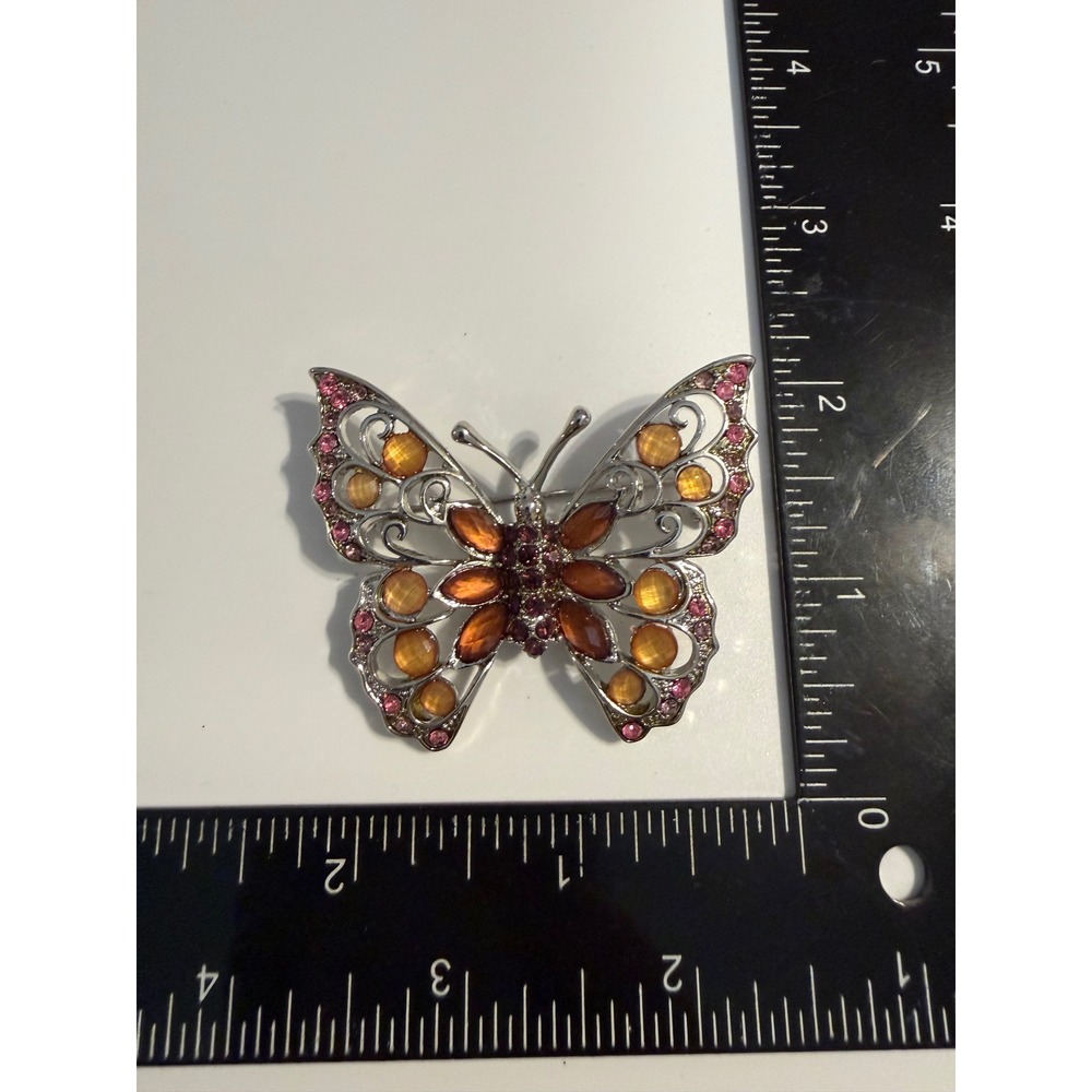 Silver Tone Butterfly Brooch Amber Orange‎ Pink Rhinestone Filigree Pin